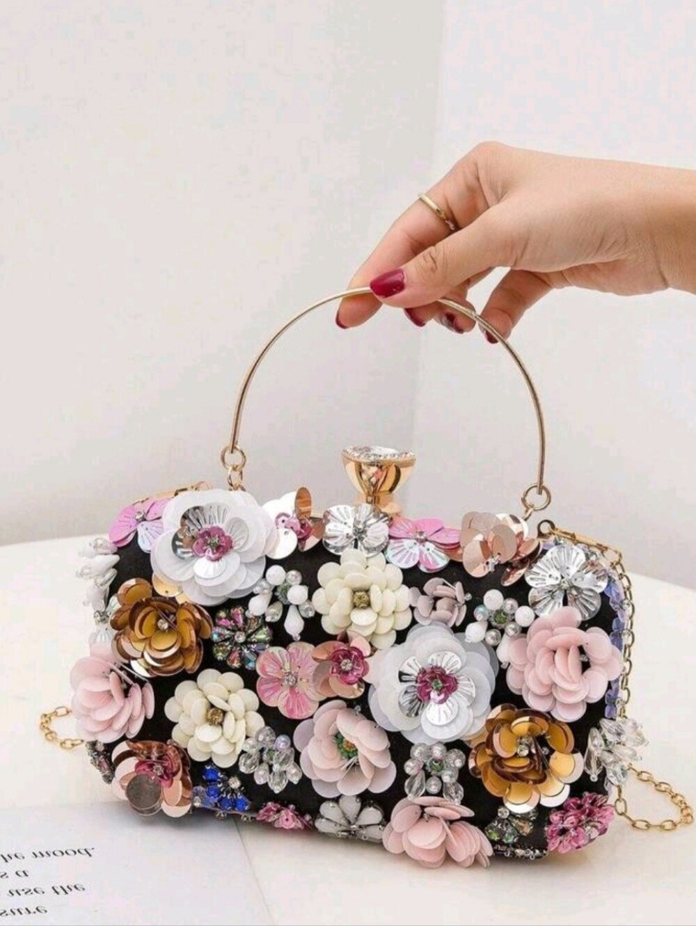 Floral 3D Embellished Evening Clutch - Pink, White & Gold